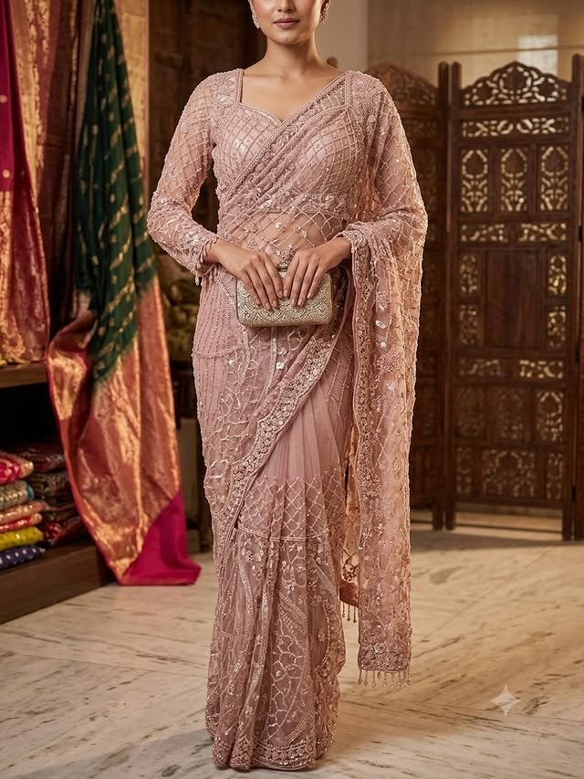 Blush Pink Embroidered Net Saree with Full-Sleeve Blouse - Rajshri Fashions Sowcarpet Chennai